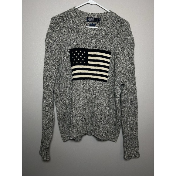 VTG POLO RALPH LAUREN GRAY & Navy AMERICAN FLAG SWEATER XL Americana Preppy 90s - Picture 3 of 9